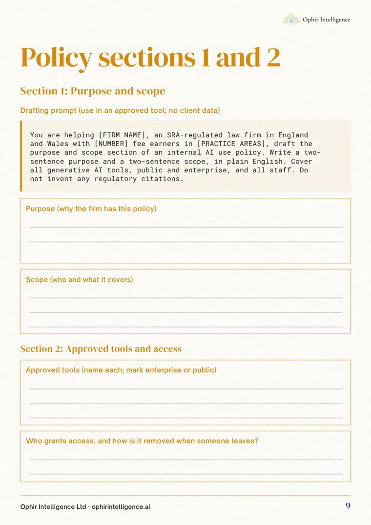 Workbook page: policy sections 1 and 2, with a drafting prompt